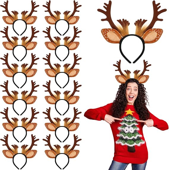 Lyrow 12 Pcs Reindeer Antlers Headbands for Adults Christmas Antlers Headband with Bells Holiday Party Gift (Brown Hair Style)