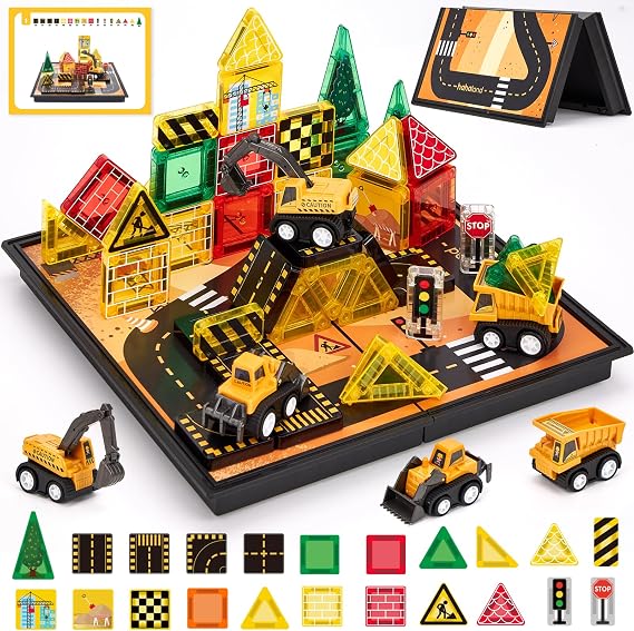 hahaland Mini Magnetic Tiles Travel Construction Toys with Engineering Cars | Magnetic Building Blocks with Vehicles Trucks, Case 2-in-1 Road-Themed Box, Montessori Gifts for 3-6 Year Old Toddler