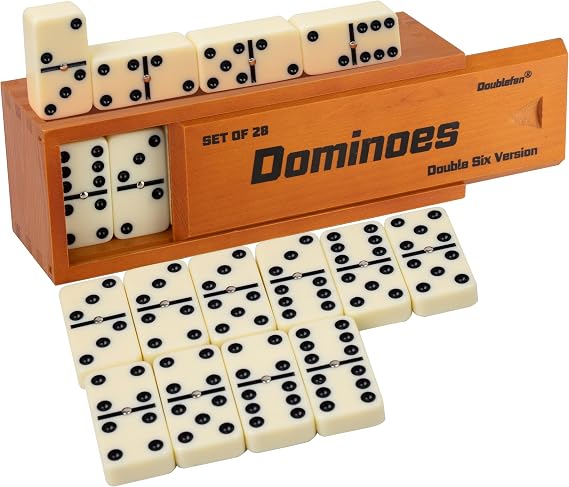 Dominoes Set for Adults, Dominoes Set Double Six, Double 6 Jumbo Domino Tiles with Spinner in Exclusive Wooden Box,28 pcs Large Size Domino Set 28 Tiles with Brown Wooden Case | For 2-4 players, 55 Ivory Jumbo Domino tiles, Metal spinners, Deluxe wood case, family game, board game, Gift choice