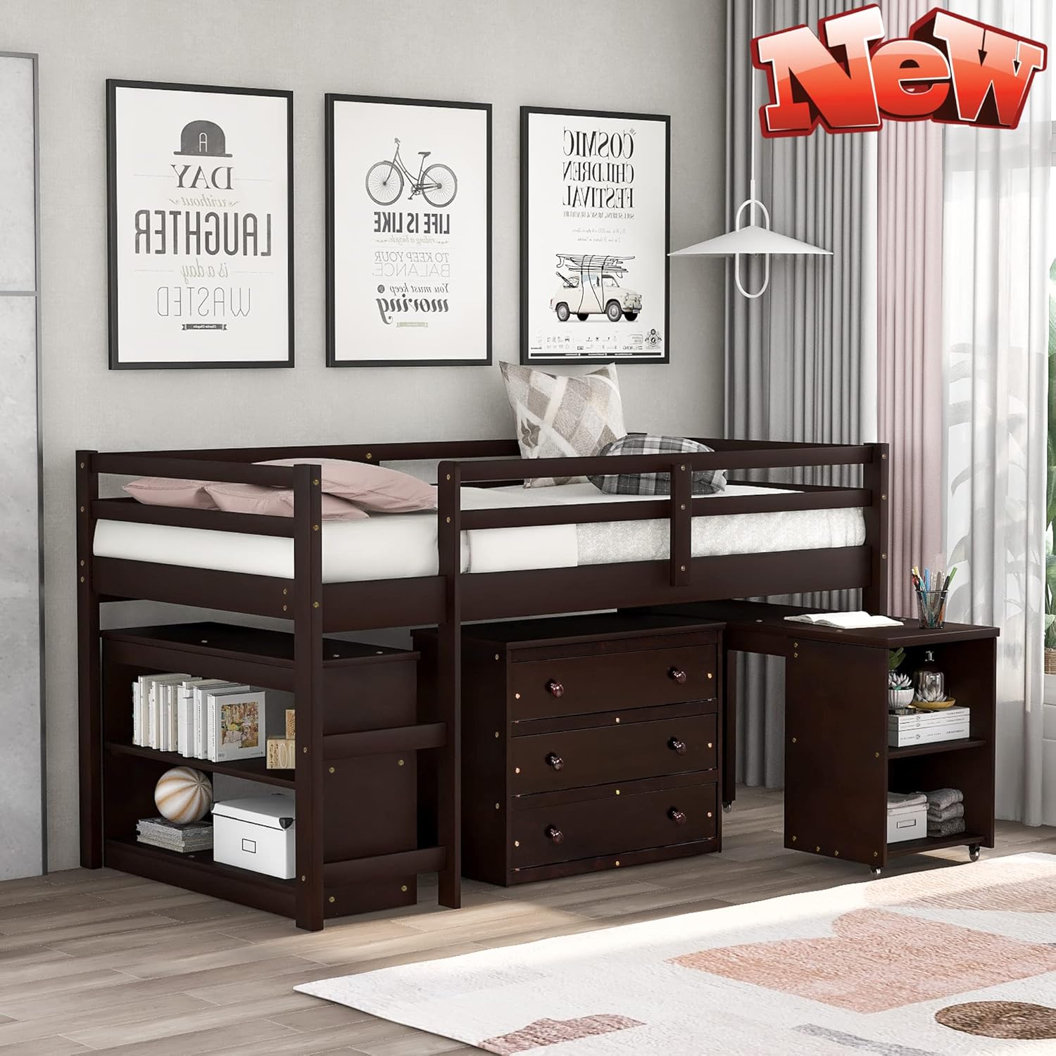 DOONHEXS Luxurious Kids Low Study Loft Bed,Solid Wood Twin Loft Bed Frame with Rolling Portable DeskStorage ShelfGuard RailCabinet for Bedroom and Dormitory,Space-Saving Design for Kids Espresso