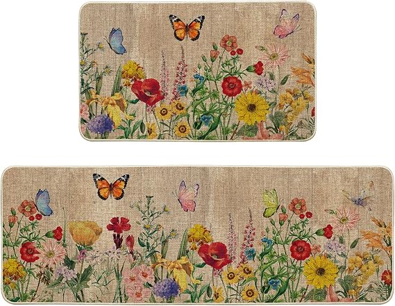 Artoid Mode Wood Flowers Butterfly Spring Kitchen Mats Set of 2, Seasonal Home Decor Leaves Low-Profile Kitchen Rugs for Floor - 17x29 and 17x47 Inch