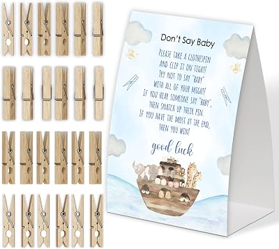 Noahs Ark Dont Say Baby Game for Baby Shower, Pack of One 5x7 Sign and 50 Mini Natural Clothespins, Boho Animals Baby Shower Decoration, Gender Neutral Party Supplies - SC32
