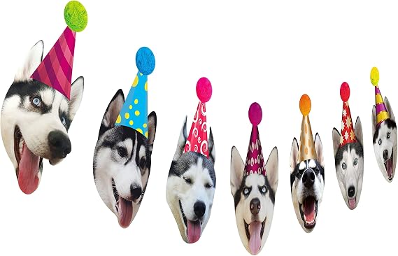 Dogs Birthday Garland, Funny Siberian Husky Face Portrait Birthday Banner, Dog Bday Bunting Decor