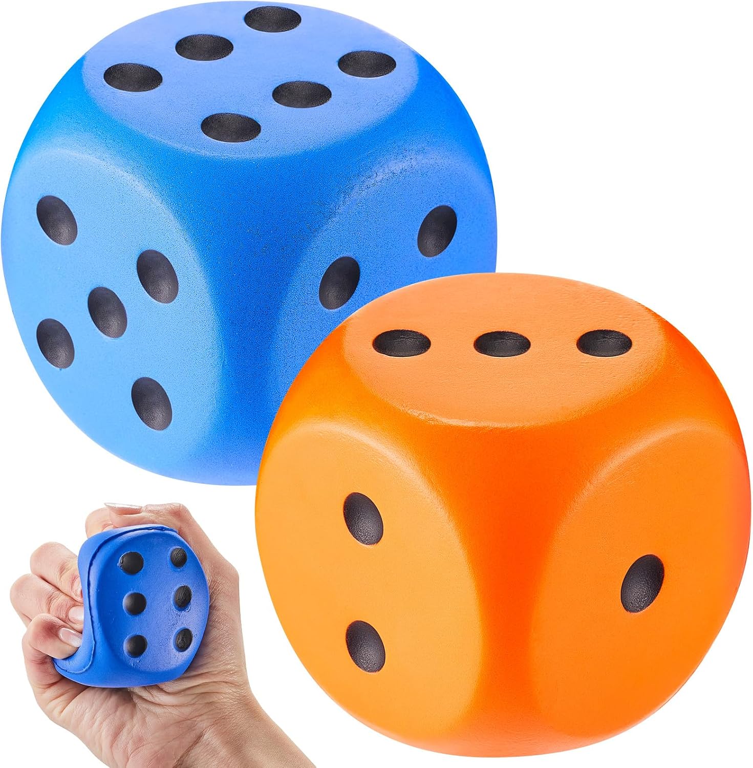 Zomiboo 2 Pcs Large Foam Dice for Classroom Stress Balls Soft Jumbo 6 Sided Giant Dice Educational Learning Squeeze Anxiety Relieve Toy Gifts for Adults Kids Board GameBlue, Orange,2.3 Inch
