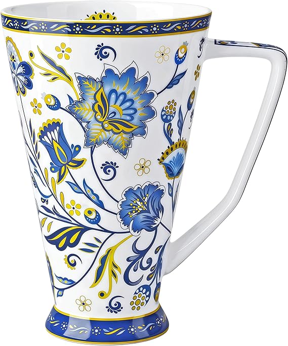 Bone China Coffee Mug Tall Coffee Cup, 17 oz Floral Tea Mug for Women Men