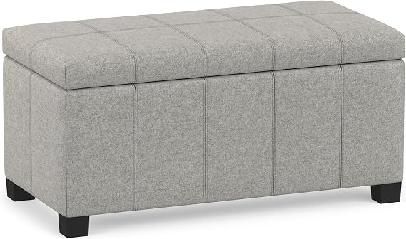 SIMPLIHOME Dover 36" Wide Linen Look Fabric Storage Ottoman in Cloud Grey | Contemporary ottoman with lift-top and safety hinges, upholstered rectangle storage bench for living room and entryway.