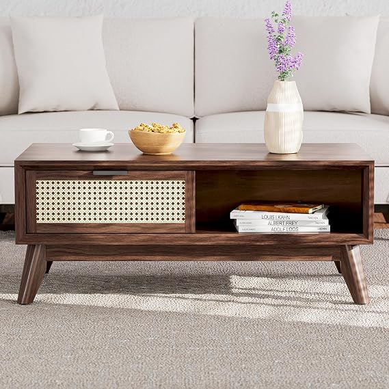 Bme Solid Wood Jasper Coffee Table with Storage, Accent Rattan Design, Ideal for Living Room, Walnut