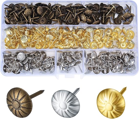 450 Pcs Upholstery Tacks, Vintage Bronze Gold Silver Furniture Decorative | Nails Pins Thumb Tack Push Pins for Sofa, Chair, Bed Antique - 11x17mm/3 Colors