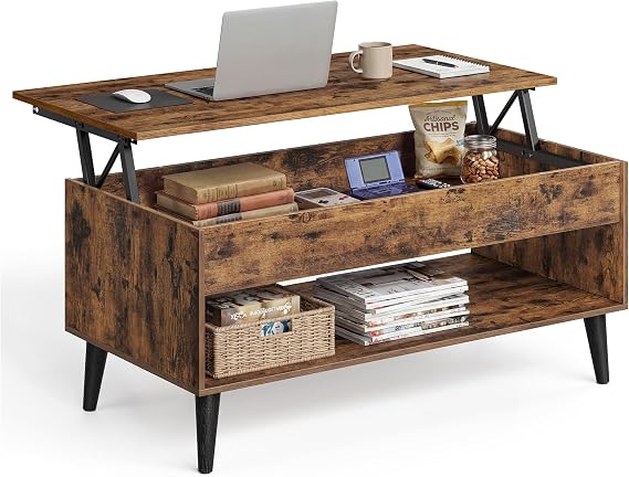 VASAGLE Lift Top Coffee Table, Lift Tabletop Dining Table, Gas Spring, Hidden Compartment, Open Storage Shelf, for Living Room, Home Office, Rustic Brown ULCT268KD01S