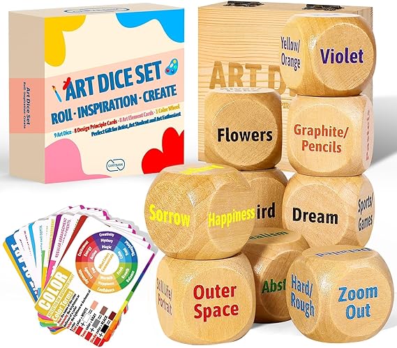 Garybank Inspiration Art Dice Gifts for Artists, W/Drawing Principles Cards - Color Wheel & Painting Knowledge, Art Supplies for Women, Set of 9 Creativity Dice, Cool Artist Teacher Gifts