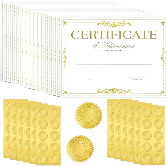 Seajan 50 Pack Gold Foiled Certificate Paper Award 11 x 8.5 Inch | Certificate of Completion, Achievement Awards, 100 Pcs Embossed Gold Foil Seals, Seals Stickers, Printer Supplies