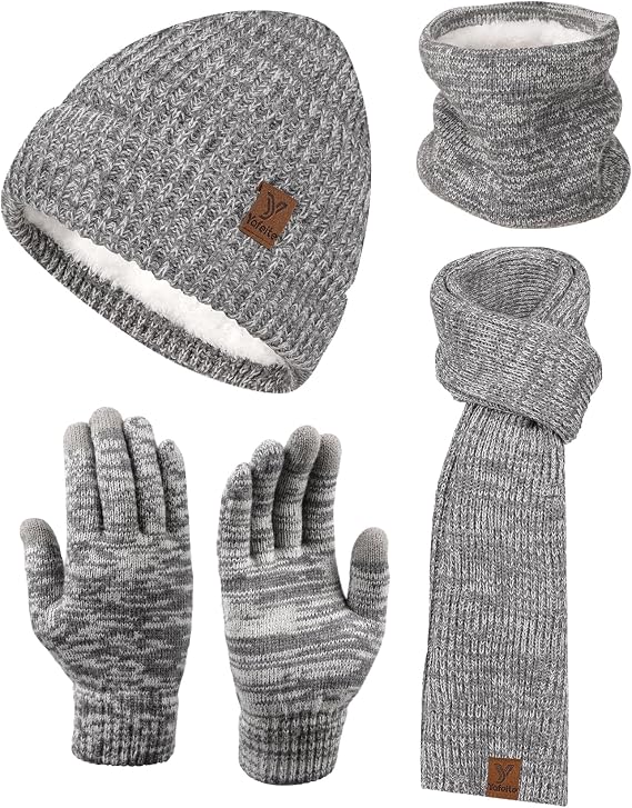 Winter Beanie Hat Scarf for Men Women 4PCS Gloves with Touchscreen Fingers Neck Warmer for Cold Weather