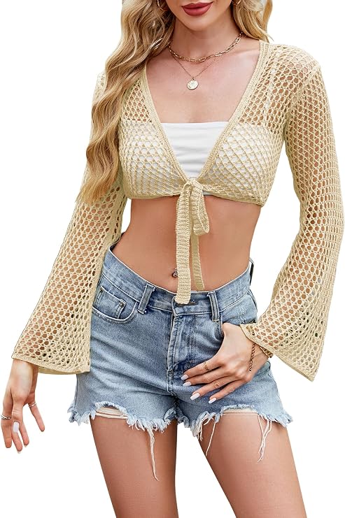 Women Bell Long Sleeve Crochet Top Tie Front Cropped Cardigan Hollow Out Knit Bolero Shrug