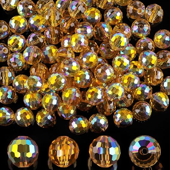 Crystal Glass Beads for Jewelry Making, 80 Pcs Faceted Beads, 10 mm, Gold | Iridescent Glass Beads Bulk for Craft Necklace Bracelet Earring, Small, Round, Sparkly and Shiny, with a Hole, Packed in Box