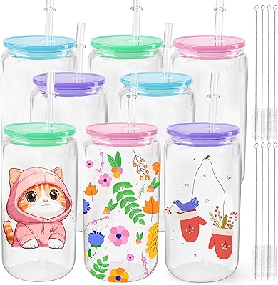 Joyclub 8 Pack Clear Sublimation Glass Cups Blanks 16 OZ Borosilicate Can Glass Tumblers with Acrylic Lids for Beer, Juice, Soda, Iced Coffee