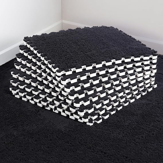 12 pcs Thickened Plush Foam Interlocking Floor Mats, Interlocking Foam Tiles with Edgings for Kids, Soft Anti-Slip Puzzle Area Square Rug Playmat for Children Room Flat (11.8", Black)