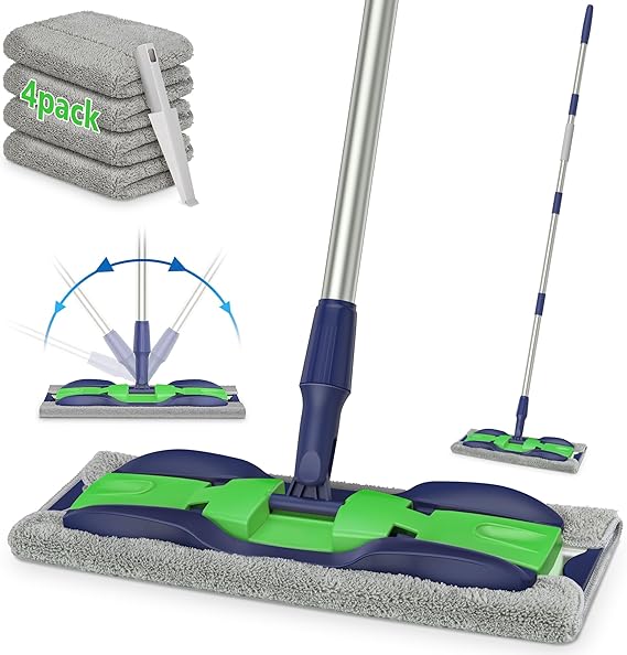 Microfiber Mops for Hardwood Floor Cleaning: MEXERRIS Flat Floor Mop with 4 Washable Pads 59" Adjustable Handle - Dust Dry Mops for Kitchen Bathroom Tile Laminate Wood Vinyl - Home Commercial Mop