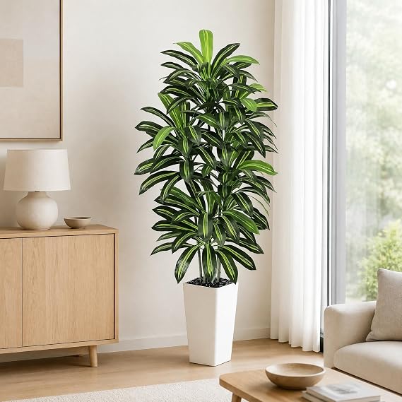 Artificial Dracaena Plant Indoor, 6FT Fake Tree with Tall White Planter | Tall Yucca Fake Floor Plant in Pot, Large Faux Silk Plant for Home Decor Office Living Room Porch Patio Housewarming