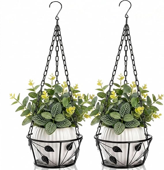 Goaste 2 Pack Metal Plant Hanger, Hanging Plant Holder with Ceiling Hook, Modern Plant Hanging Basket, Decorative Planter Flower Pots Shelf for Indoor Outdoor Use, Home Decor