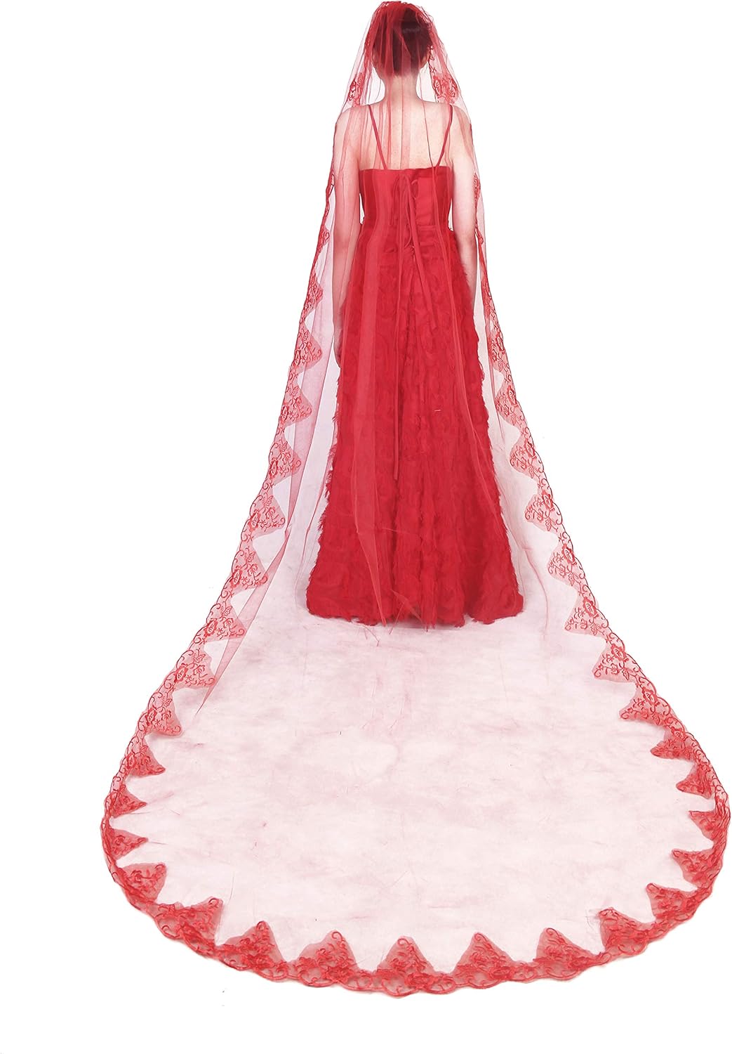 Women Vintage 3M Red Lace Appliques Long Wedding Bridal Veil Hair Accessories