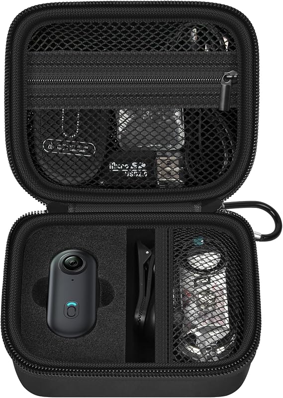 casmilee Hard Mini Body Camera Case for Thumb Action Cam, Box Only | Hard shell 5.2 x 4.25 x 2.2 in case with sponge insert, mesh pockets and carabiner for vloggers, riders and travel