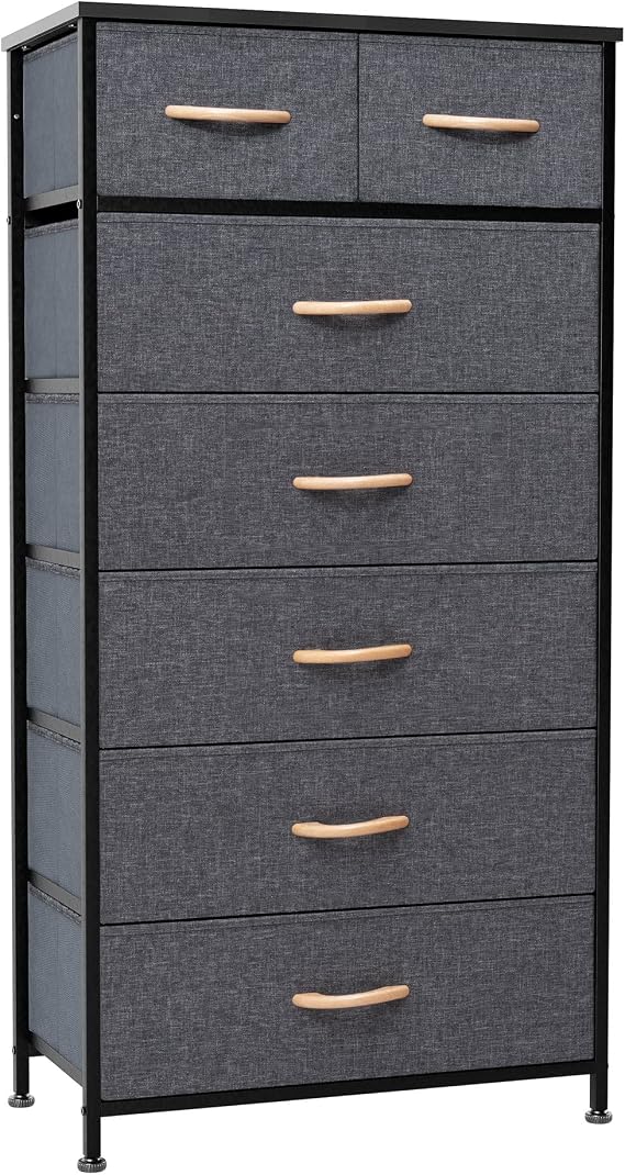 Crestlive Products Vertical Dresser Storage Tower - Sturdy Steel Frame, Wood Top, Easy Pull Fabric Bins, Wood Handles - Organizer Unit for Bedroom, Hallway, Entryway, Closets - 7 Drawers (Grey)