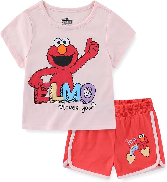 Sesame Street Elmo Girls Short Sleeve T-Shirt and Shorts Set for Toddler and Big Kids