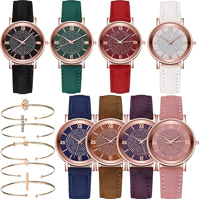 yunanwa 8 Pack Womens Wholesale Assorted Platinum Watches Jewelry Dress Watches Rose Gold Roman Numerals Starry Sky Wrist Watch Bracelet