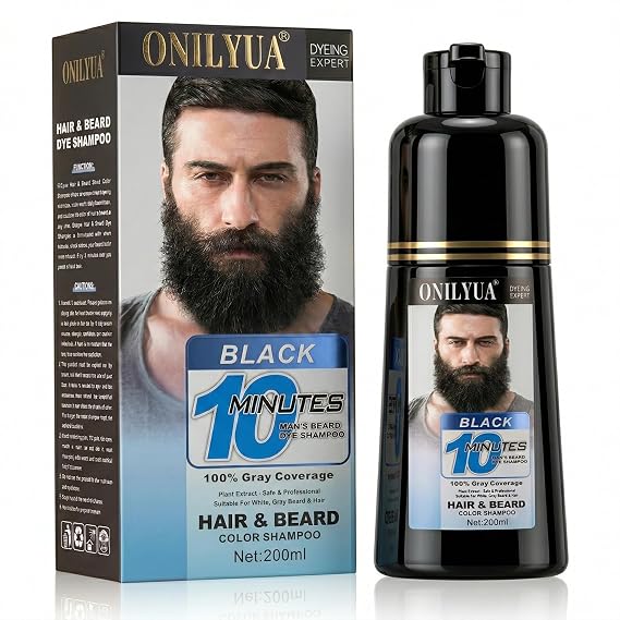 Men's Beard & Mustache Dye Shampoo, 10-Min Color, 100% Gray Coverage,Black | Beard Dye & Color for Men, Gentle on Skin,No-Mix Formula,Natural-Looking Color, Quick Gray Touch-Up, Dermatologist Tested
