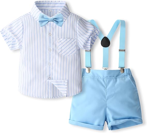 Baby Boys Gentleman Outfits Suits, Infant Short Sleeve Shirt+Bib Pants+Bow Tie Clothes Set