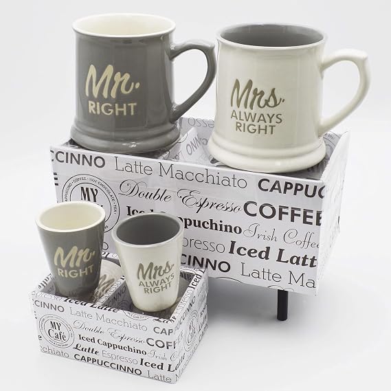 SHOT GLASS - Mr & Mrs Always Right Couples Mugs & Shot Glasses, Set of 4 Combo 10 oz Gift Boxed - great marriage or Him and Her Gift Set, Gift for Wedding Anniversary, Husband & Wife Gifts
