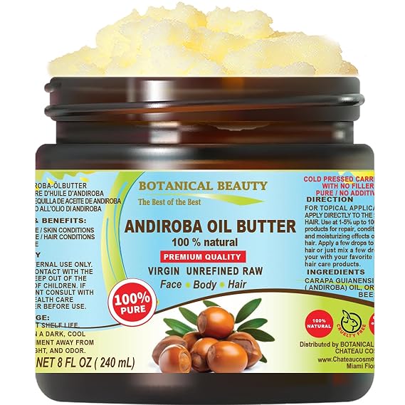 Botanical Beauty Andiroba Oil Butter Raw Pure Natural VIRGIN UNREFINED Cold-Pressed for Face, Skin, Body, Hair, Lip, Nails. Rich in Vitamin E, Vitamin C (8 Fl Oz)