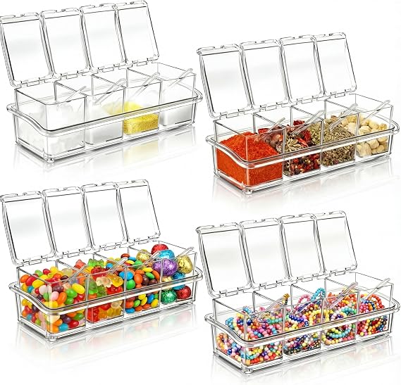 Bokon 4 Set Acrylic Seasoning Box with Spoons, 16 Compartments Clear Spice Organizer, Kitchen Condiment Containers with Lids for Salt, Sugar, Candy