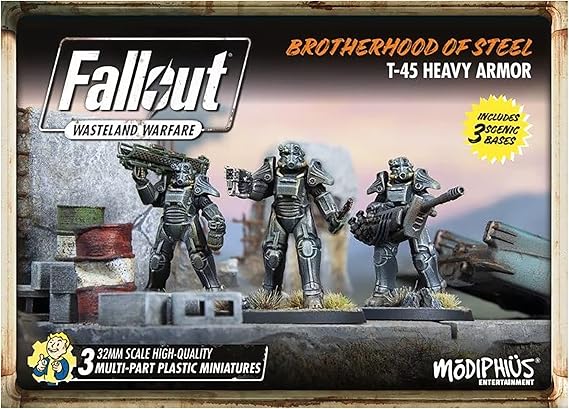 Fallout Wasteland Warfare: Brotherhood of Steel - Heavy Armor (T45) - 3 Miniatures, 32mm Unpainted Figures