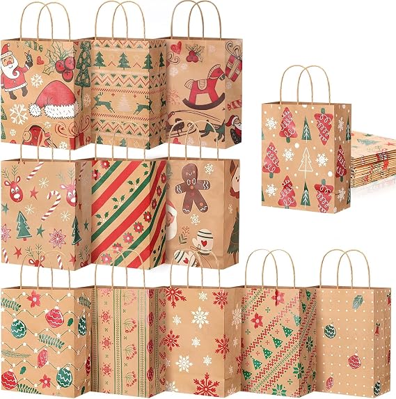 Christmas Gift Bags 12 Pack, Kraft Paper Bags with Handles, Holiday Favor | Reusable kraft paper gift bags with sturdy handles, perfect for Christmas presents and holiday parties