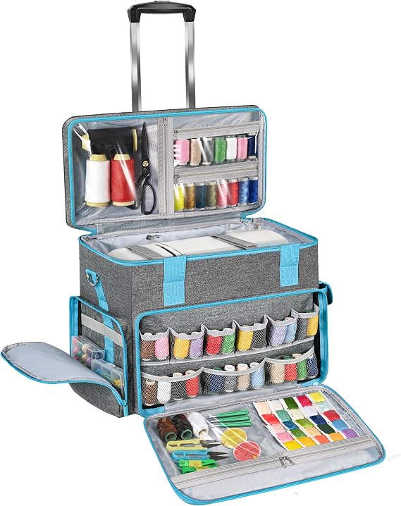 Sewing Machine Case with Wheels, Foldable Rolling Sewing Machine Case,Tote Bag with Bottom Support Board & Adjustable Shoulder Strap, Compatible with Singer, Brother, Janome Standard Sewing Machines