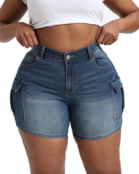 Gocolloa Women Plus Size Jean Shorts Stretchy Curvy Cargo Shorts High Waisted Streetwear Denim Shorts with Pockets
