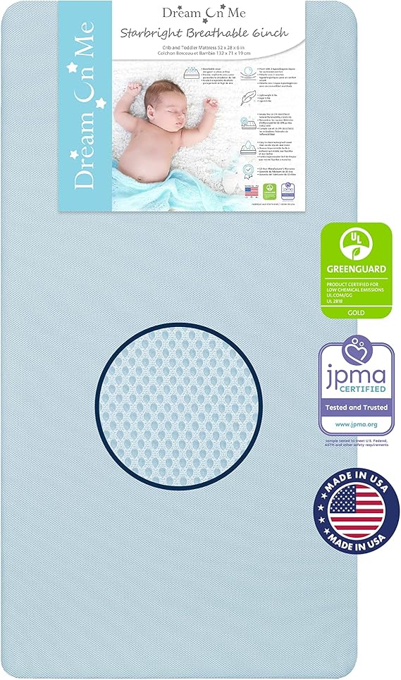 Dream On Me Starbright Breathable Fiber Crib and Toddler Mattress Greenguard Gold Certified, Water & Stain-Resistant, Lightweight and Supportive Baby Mattress, Blue Mist