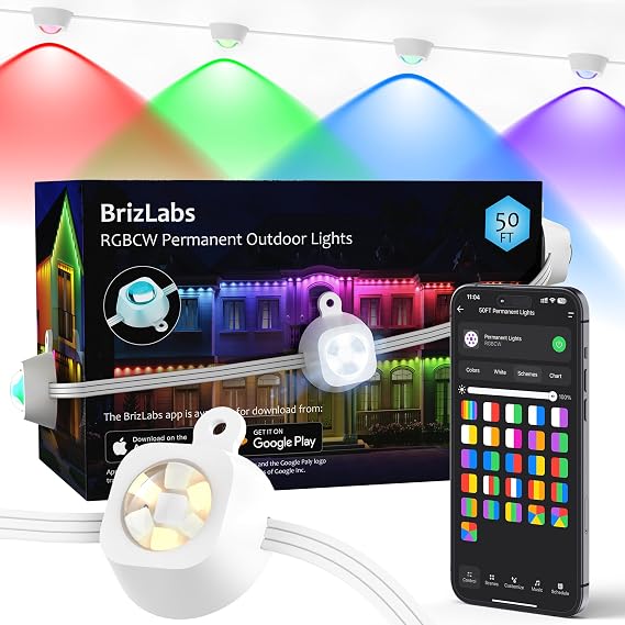 BrizLabs Signature Permanent Outdoor Lights, 50 ft 30 LED APP/Voice Control | RGBCW Color Changing; Alexa/Google Assistant Compatible; Music Sync; Rainbow & Preset Modes; 16 Million Colors; Tunable White