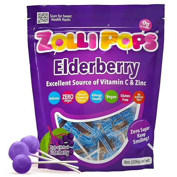Zollipops Elderberry Lollipops, Sugar Free Candy with Xylitol, Dye-Free Lollipops - Keto & Diabetic-Friendly, Dentist-Approved Treats for Kids (Natural Elderberry Flavor, 8 oz)