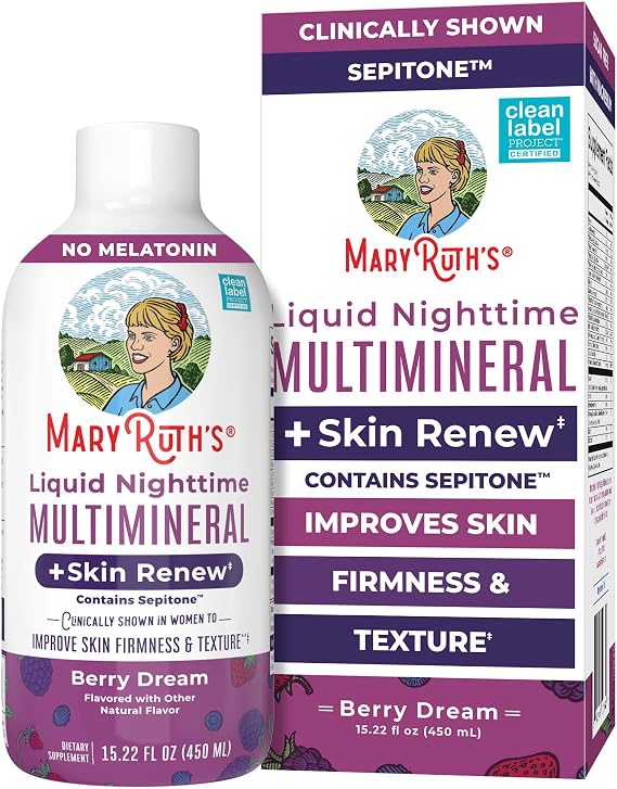 MaryRuths Liquid Nighttime Liquid Multimineral  Skin Renew | Clinically Shown in Women to Reduce Fine Wrinkle & Improve Skin Firmness | Sepitone | NO Melatonin | Magnesium | Vegan | 15 Servings
