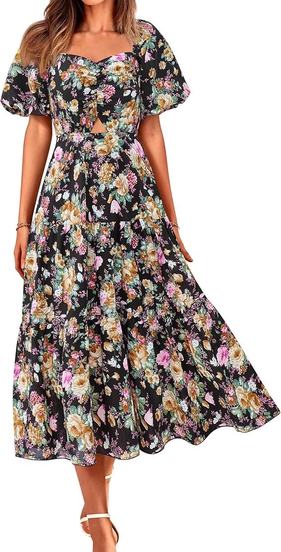 BTFBM Summer Dresses for Women 2026 Spring Outfits Beach Vacation Short Sleeve Smocked Boho Casual Floral Maxi Dress