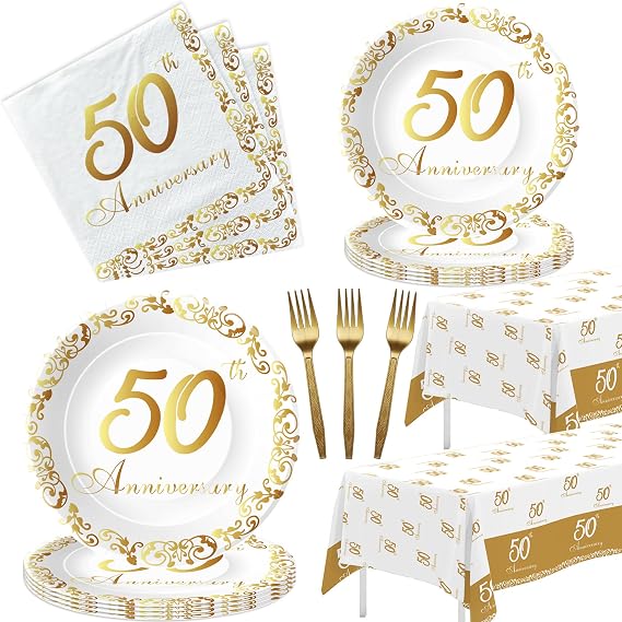 APOWBLS 50th Anniversary Decorations And Supplies Tableware Gold, Serves 24