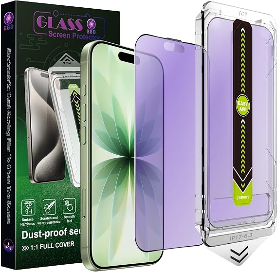2-Pack Anti Blue Light Blocking Matte Screen Protector for iPhone 17/16 Pro (6.3-Inch),Anti-Glare,9H Tempered Glass,Full Coverage,Anti-Fingerprint,Auto Dust Removal,Bubble-Free