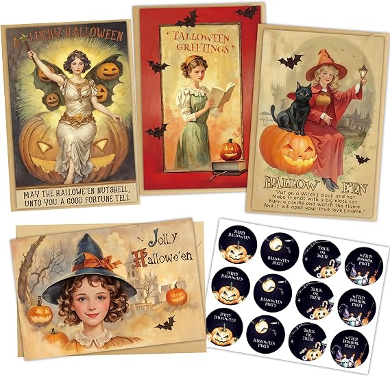 Spercy 24 Pack Retro Halloween Cards with Envelopes, Vintage Halloween Postcards Set, Halloween Blank Note Cards for Kids Women Friends Coworker
