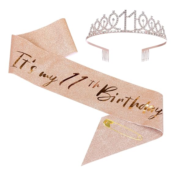 11th Birthday Sash and Tiara Set Rose Gold Birthday Sash Crown Birthday Party Favors Supplies for Birthday Party