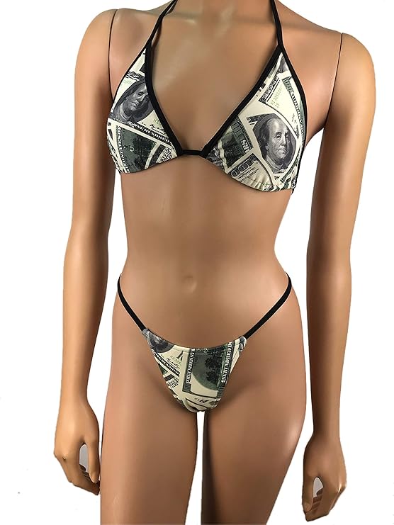Triangle Bikini Top G-string Thong Exotic Dancewear Swimsuit Skimpy Set Money Bill Print Swimwear V- Pantie Rave Outfits Clubwear Strip bar wear Beach wear