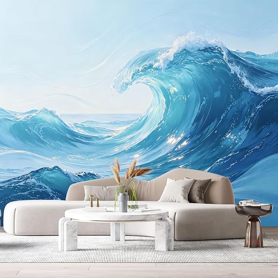 Custom Size Wall Murals Ocean Marine Watercolor Blue Waves Sea Foam Surf Horizon SelfAdhesive Wall Fabric Removable Large Wallpaper for Photo Living Room