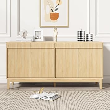 Scurrty Modern Buffet Cabinet with Storage,Wood Color Buffet with Adjustable Shelf and 4 Doors, Natural Wood Grain Accent Cabinet for Living Room & Kitchen