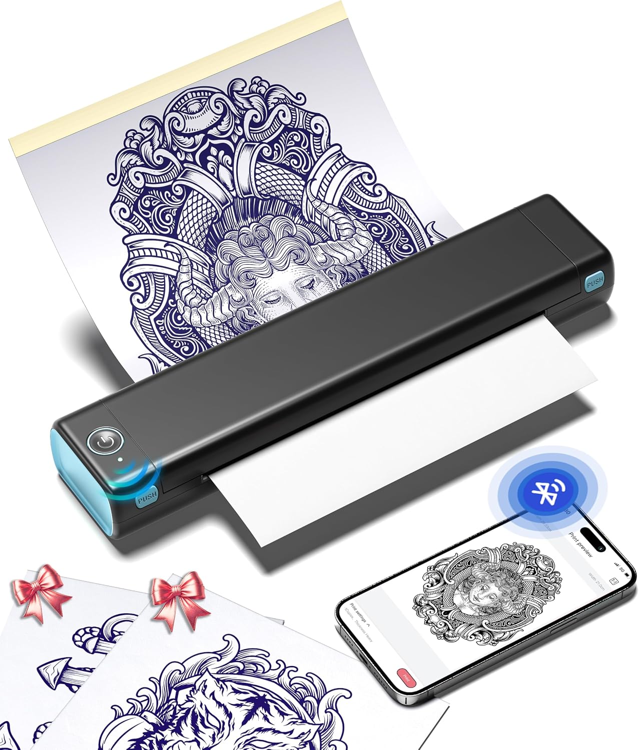 Phomemo M08F Tattoo Printer, Thermal Stencil Printer with 10 Transfer Papers, Tattoo Stencil Machine Compatible with Phone Tablet PC for Tattoo Artists and Beginners, Black Blue